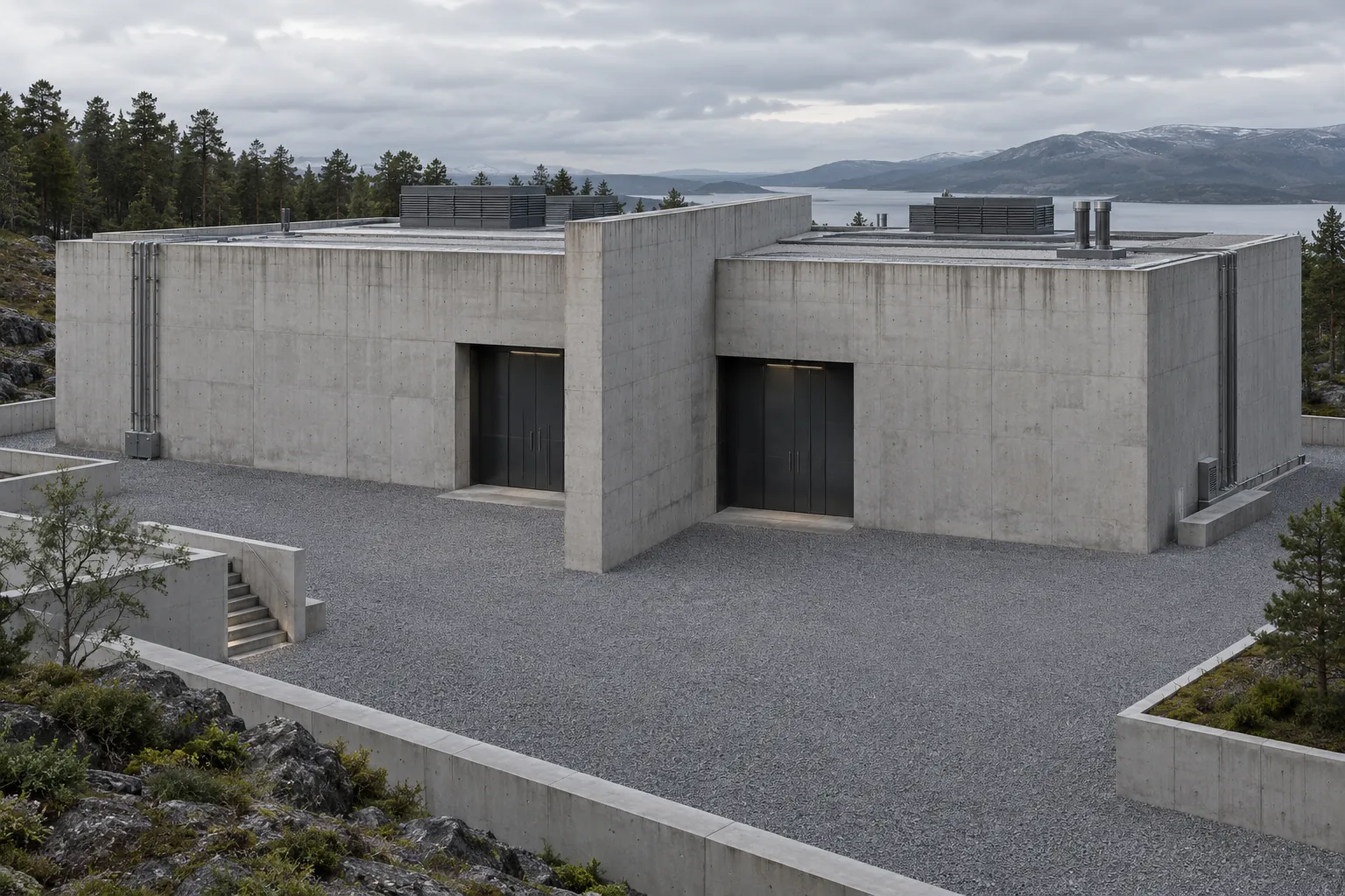 Windowless concrete substrate exchange facility with two separated entry portals and a gravel court