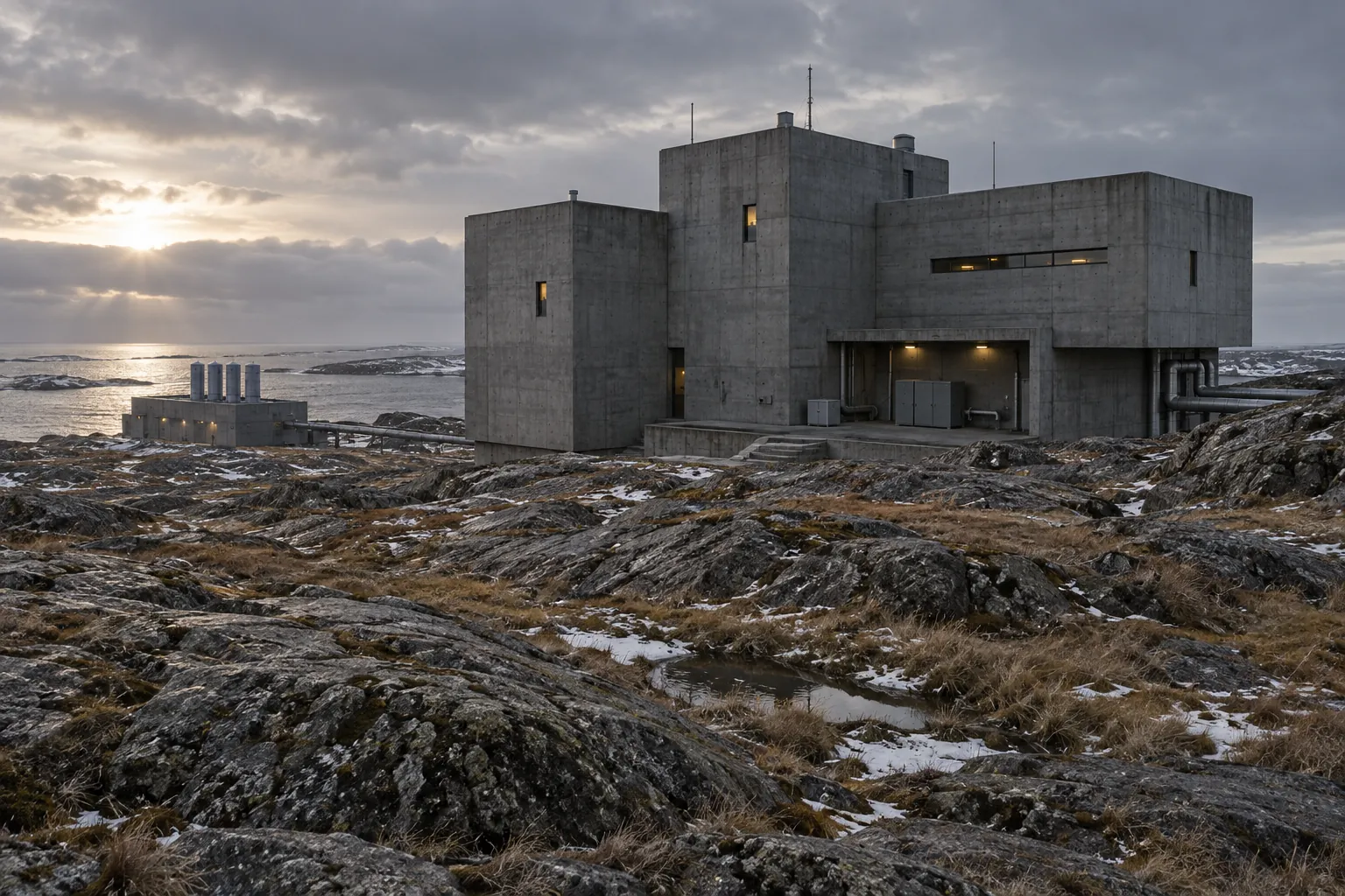 Isolated concrete test habitat with a separate service building on a rocky maritime plateau