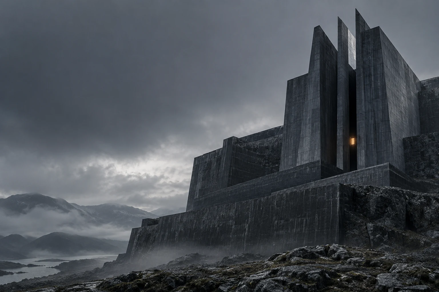 Monumental concrete research facility enclosing a narrow illuminated passage