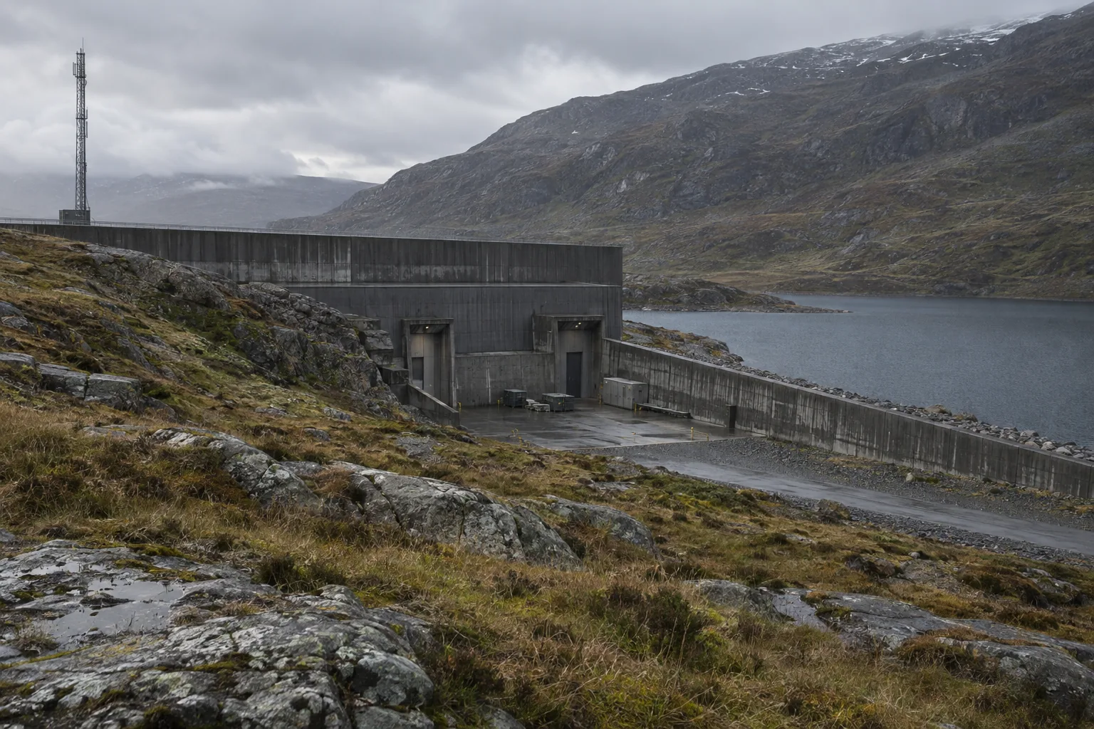 Low concrete recovery archive embedded in a rocky upland beside a reservoir